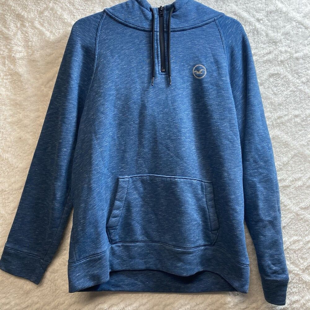 HOLLISTER Navy Blue Fleece Funnel-Neck Hoodie Mens M Pullover Sweatshirt Pockets